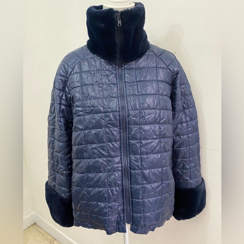 Women's Quilted Navy Puffer Jacket with faux fur winter